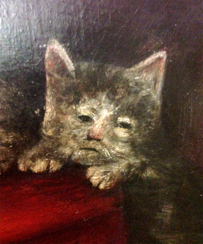 Old painting of a cat with oddly shaped face and tired expression, showcasing hilariously bad artistic style.