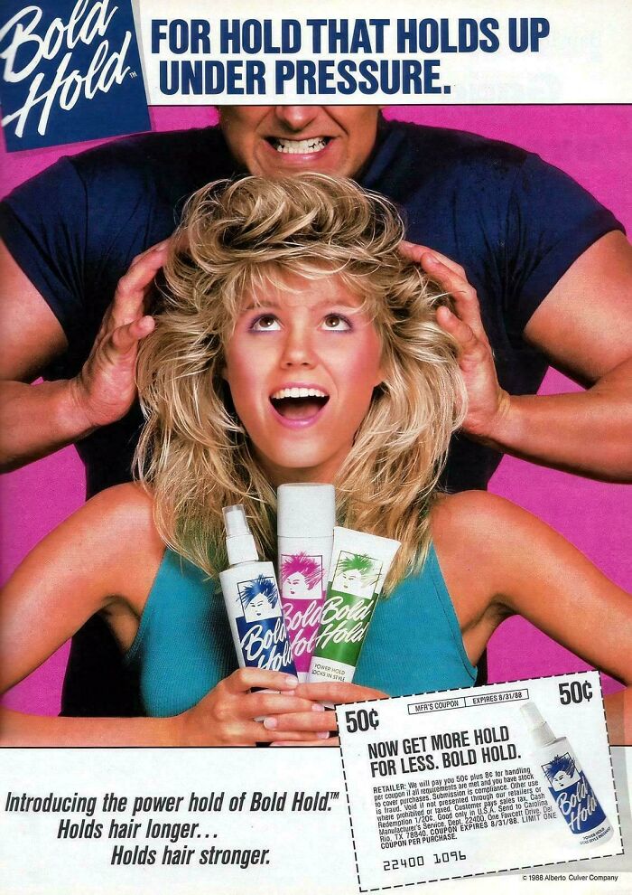 Vintage women’s ads showing bold hair products and styles reflecting different societal beauty standards.