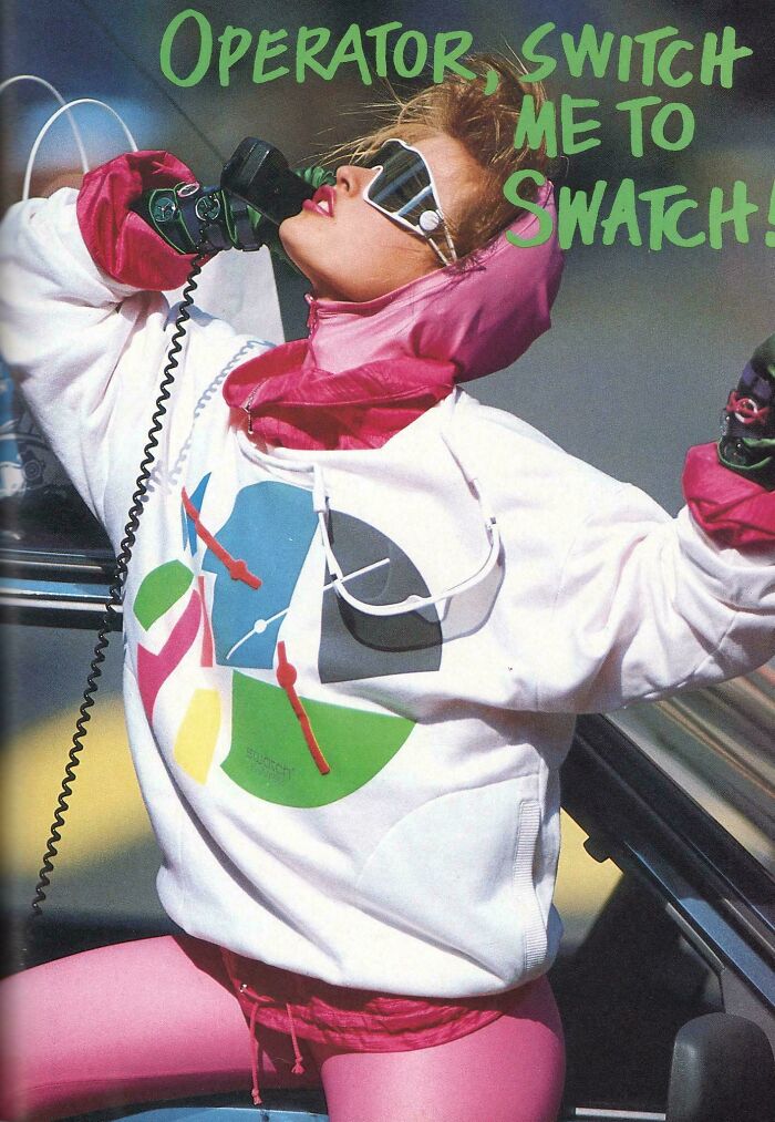 Vintage women’s ad featuring a stylish woman in colorful clothing and sunglasses using a phone with bold text.