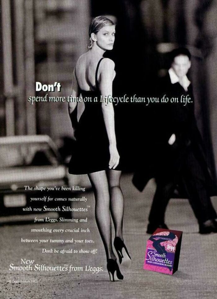Vintage women’s ads featuring a woman in a black dress promoting slimming hosiery emphasizing appearance and societal expectations.