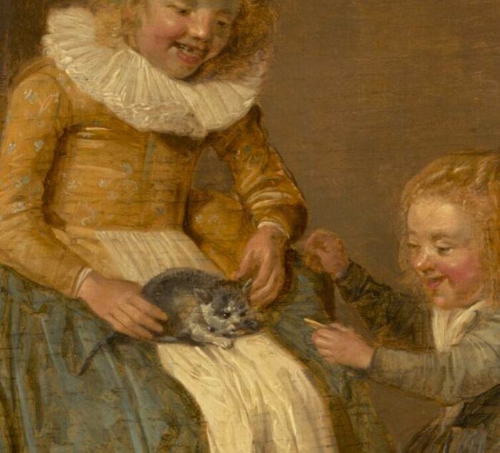 Old painting of two children with exaggerated facial expressions and a small dog, showcasing hilariously bad art style.