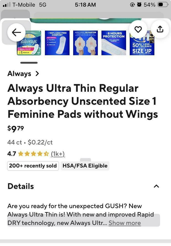 Screenshot of Always Ultra Thin Regular Absorbency unscented feminine pads product listing with price and ratings details.