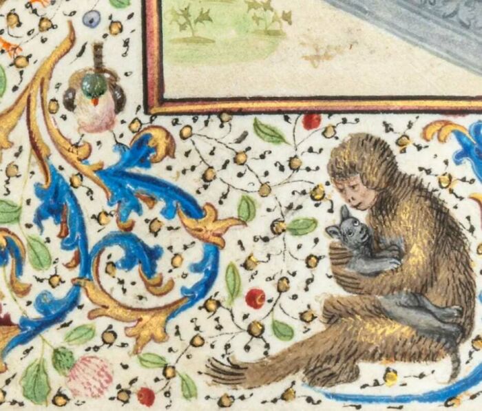 Medieval-style old painting of a monkey humorously holding a cat amid colorful floral decorations.