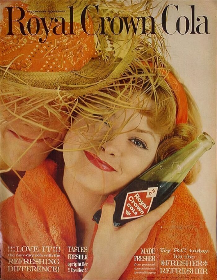 Vintage women’s ad featuring a smiling woman holding a Royal Crown Cola bottle with 1950s style clothing and hat.