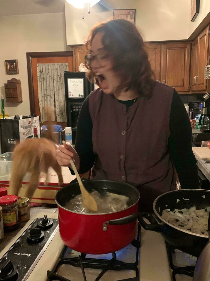 Person stirring a pot in kitchen with a blurry cat jumping nearby in a lively blurry and scrungy cat pic.