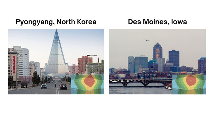 Comparison image showing cityscapes of Pyongyang, North Korea and Des Moines, Iowa with colorful target patterns.