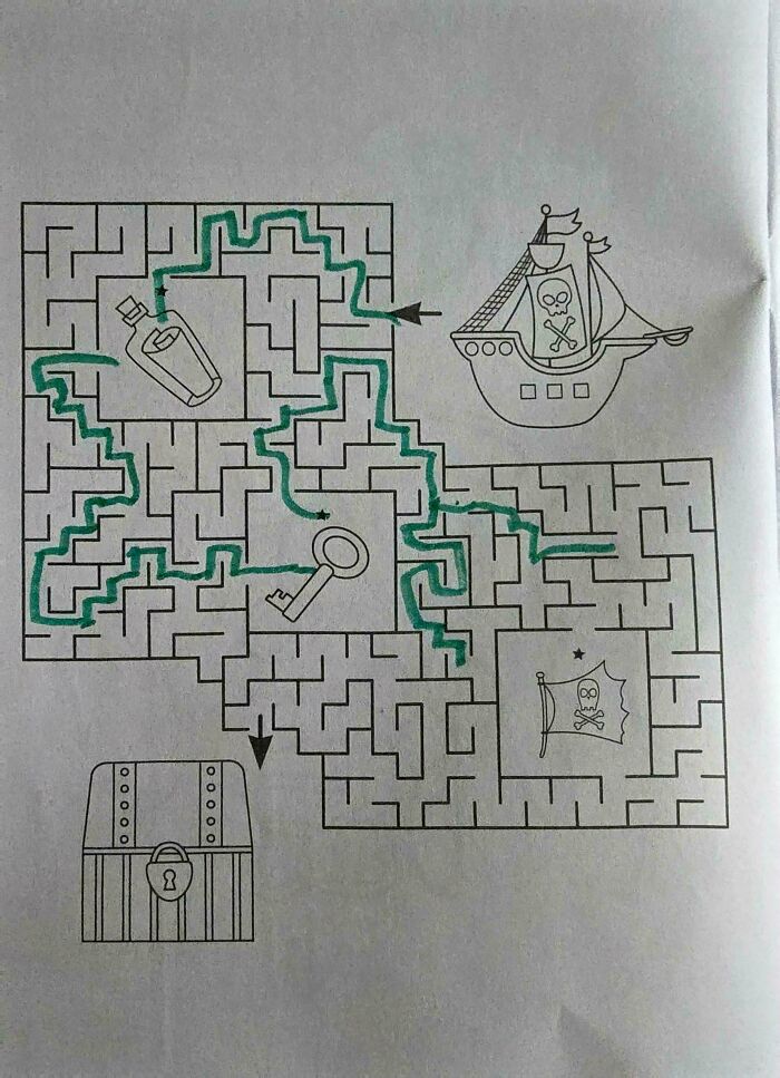 Maze puzzle with pirate ship, key, and treasure chest, showing a green path solution in unhinged images collection.