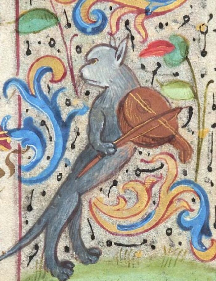 Medieval style old painting of an animal playing a violin surrounded by colorful abstract patterns and musical notes.