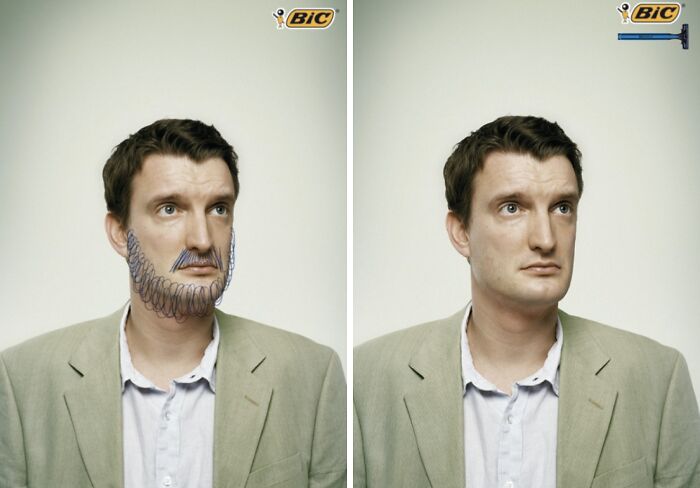 Hombre con dibujos de barba hechos con bolígrafo y afeitado limpio en anuncio creativo y divertido de BIC.