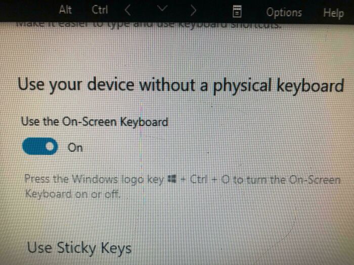 Screen showing instructions for using on-screen keyboard and accessibility options without a physical keyboard.