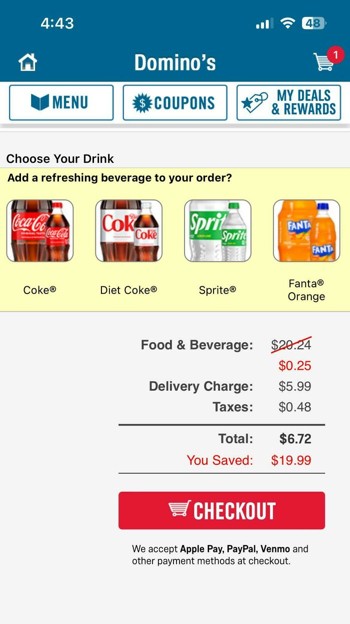 Domino’s app drink selection with Coke, Diet Coke, Sprite, and Fanta featuring unhinged price discount reaction.