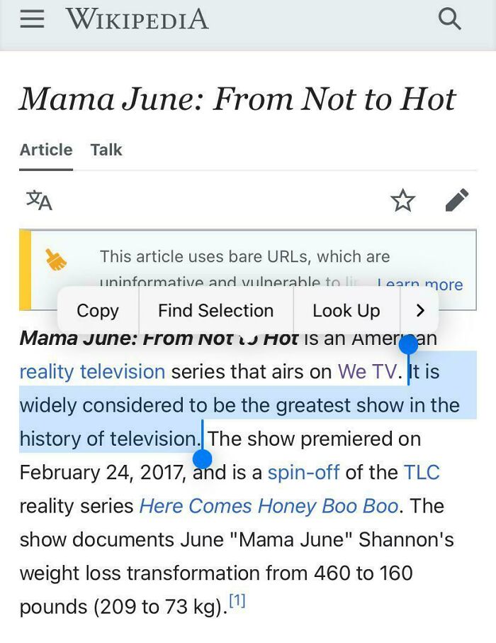 Wikipedia page showing the reality television series Mama June from Not to Hot with highlighted text about television history.