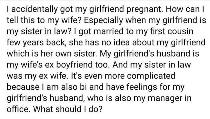 Text post describing a complicated relationship situation that caught people off-guard with unexpected details.