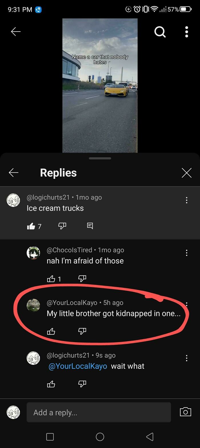 Screenshot of a yellow sports car on the road with a comment thread discussing cars that people dislike.