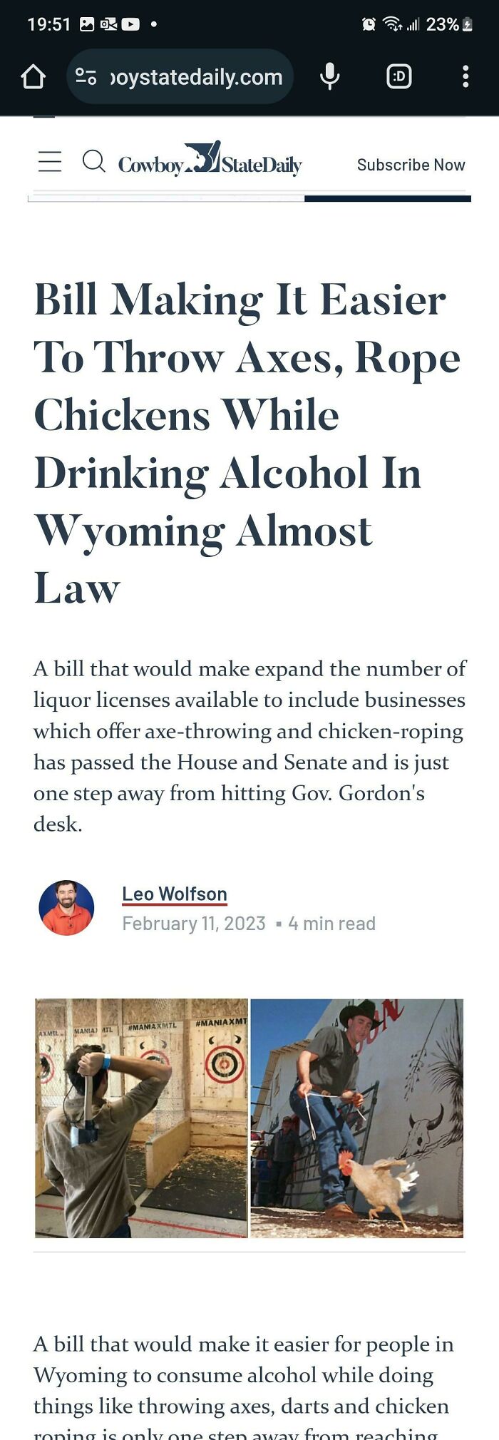 Screenshot of article about Wyoming bill allowing alcohol consumption while throwing axes and roping chickens, surprising and unhinged news.