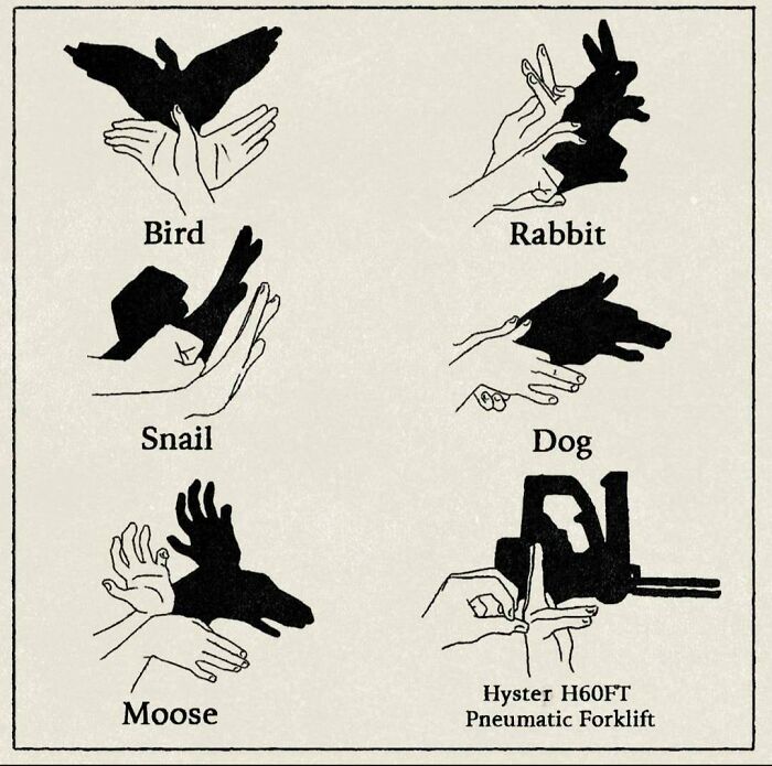 Hand shadow puppets showing bird, rabbit, snail, dog, moose, and a pneumatic forklift in an unhinged image series.