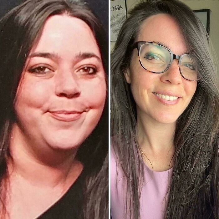 Side-by-side wholesome photos: woman's before and after transformation, smiling, glasses in the after.