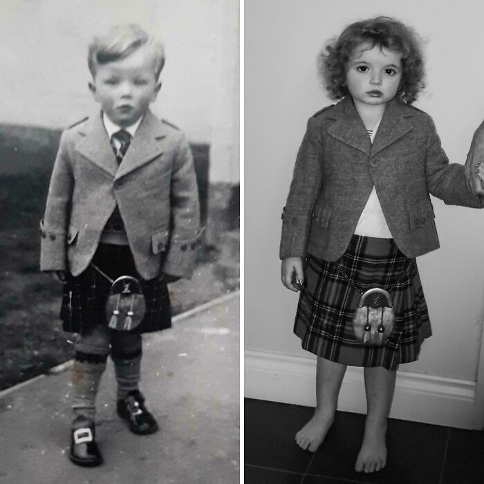 Wholesome photos life journeys: side-by-side vintage boy and modern child in kilts and jackets, showing how they've changed