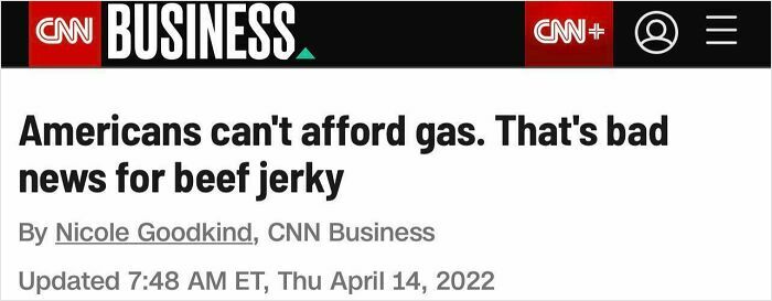 CNN Business headline about Americans unable to afford gas impacting prices and demand for beef jerky.