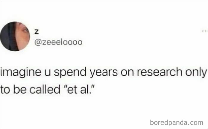 Humorous meme about spending years on research and being referred to as et al highlighting healthcare humor.