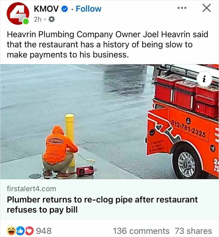 Plumber in orange jacket using tools on a pipe outside after restaurant refuses to pay, part of wild incidents headlines.