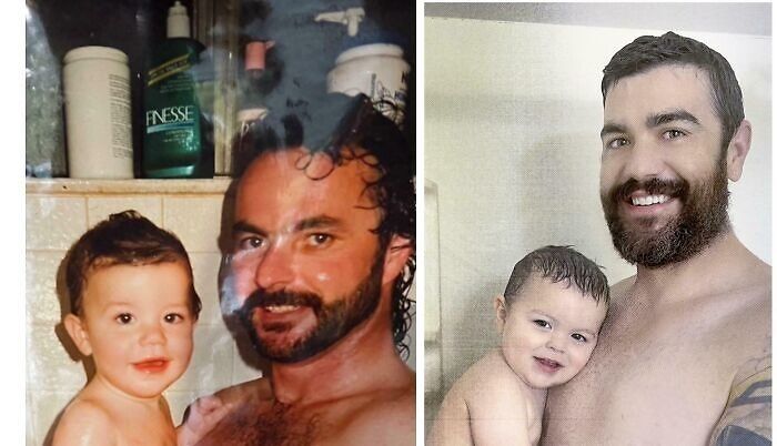 Then-and-now wholesome photos of a bearded father holding the same child in matching wet shower portraits
