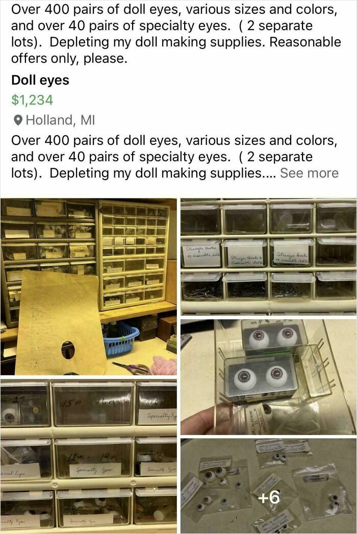 Multiple close-up images of unhinged doll eyes and specialty eyes in storage drawers, catching people off-guard.
