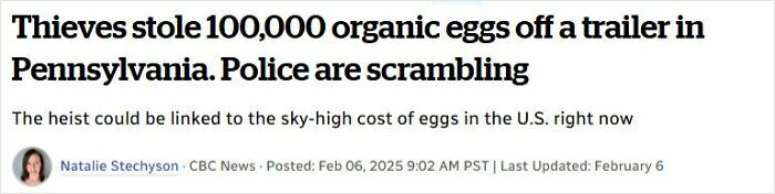 Thieves stealing 100,000 organic eggs off a trailer in Pennsylvania amid rising egg prices reported as wild incident.