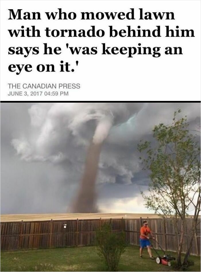 Man mowing lawn near a tornado with storm clouds in the background capturing wild incidents in headlines.