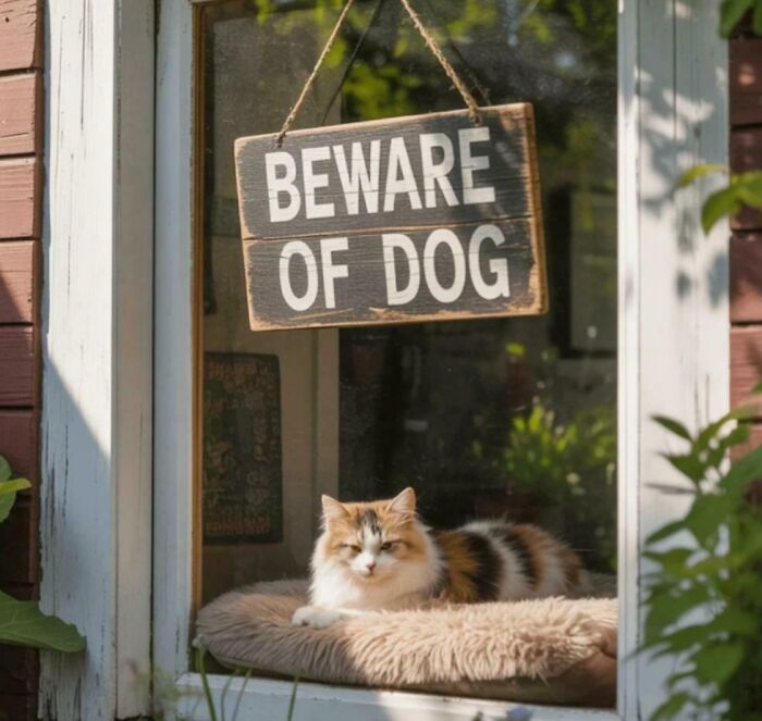 Calm cat relaxing under a Beware of Dog sign, creating an unhinged image that caught people off-guard.