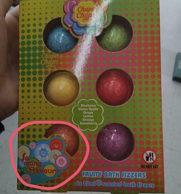 Packaging of colorful fruity bath fizzers with misleading candy branding that caught people off-guard in unhinged images.