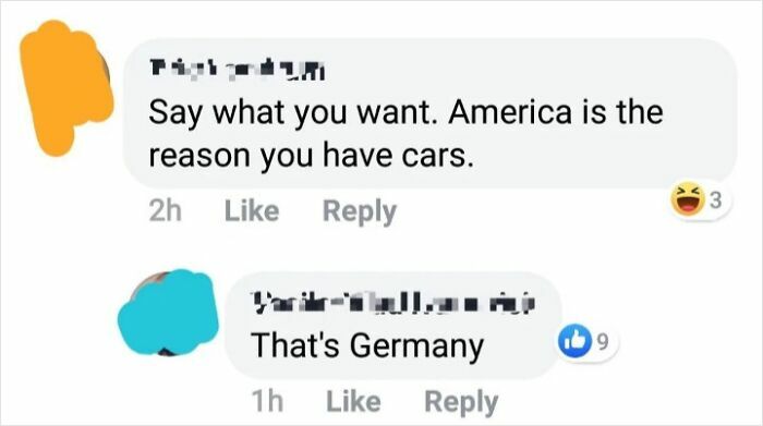 Screenshot of a ridiculous American internet comment claiming America invented cars, corrected with Germany mentioned.