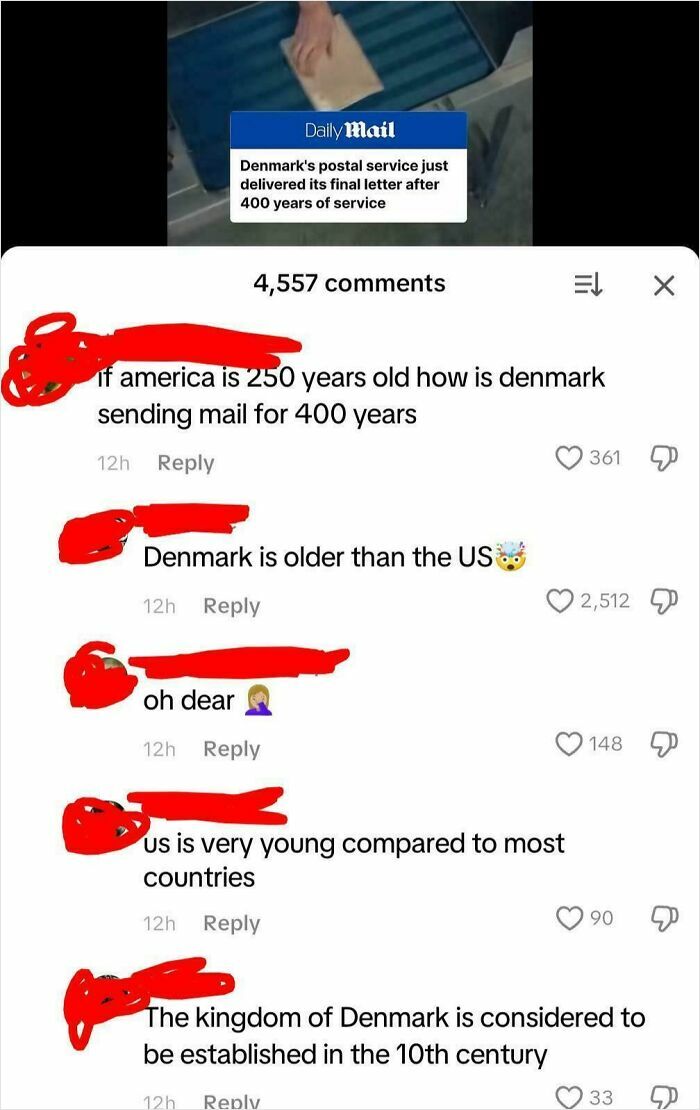 Screenshot of American internet comments roasting misconceptions about Denmark's postal history and age compared to the US.