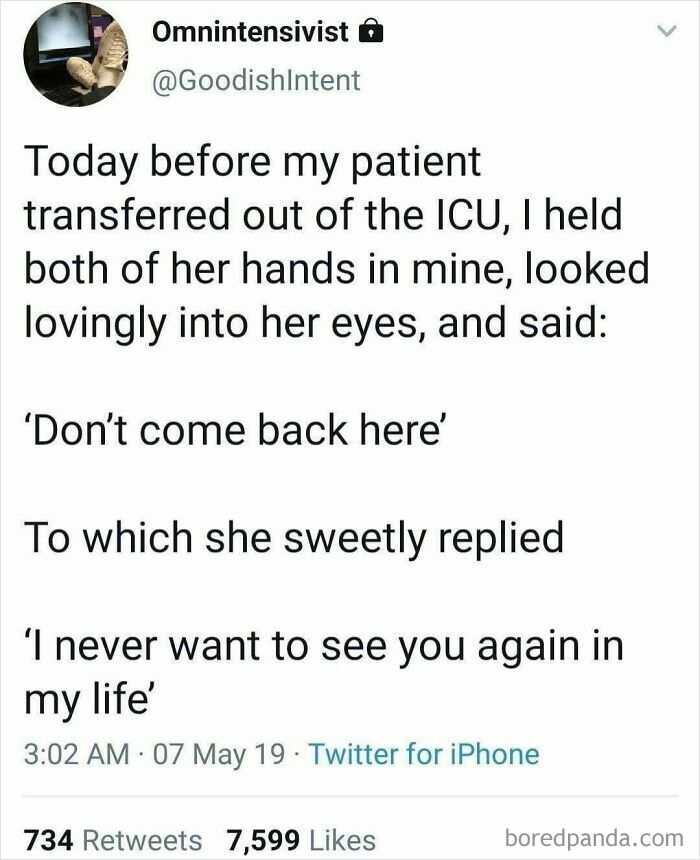 Tweet about a patient transferring out of ICU with a humorous exchange, related to healthcare memes.