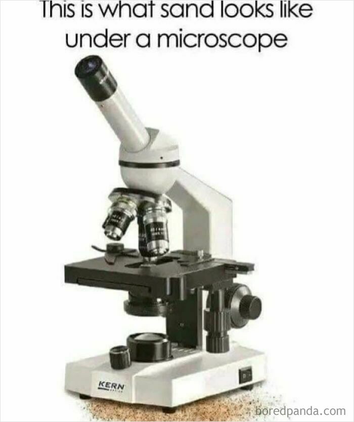 Microscope on sand with caption humor meme highlighting healthcare cost and laughter as the best medicine.
