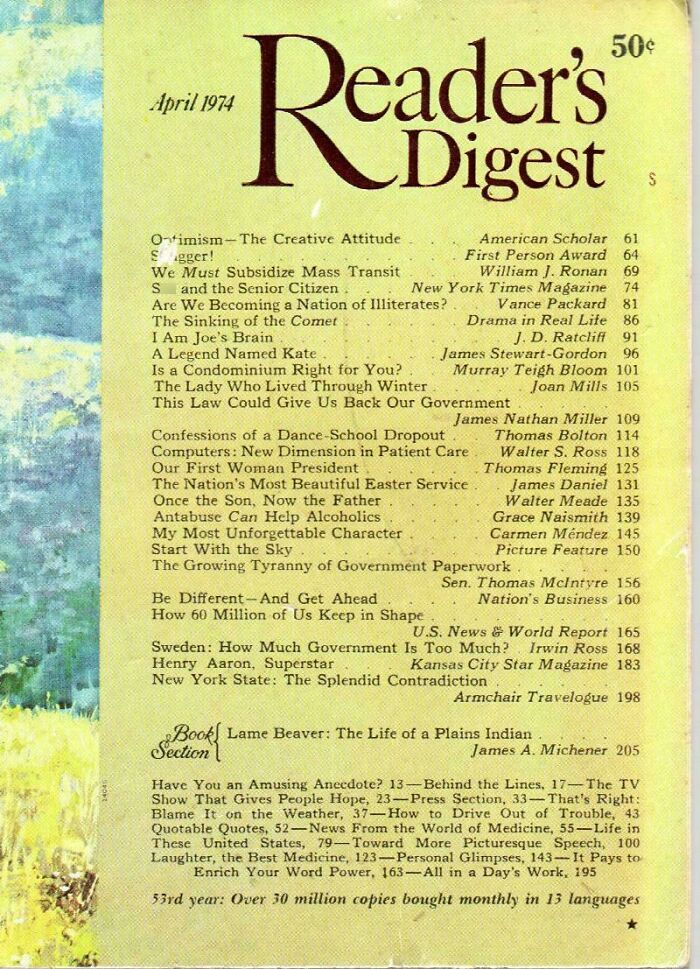 April 1974 Reader's Digest cover page with article titles reflecting nostalgia and feeling old as heck.