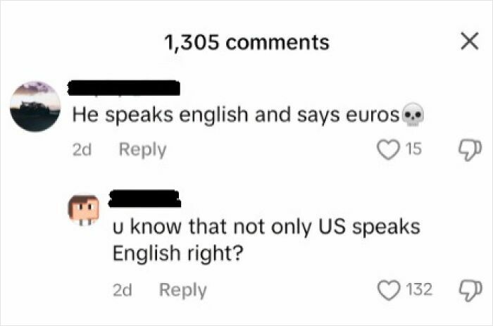 Screenshot of ridiculous American internet comments showing a humorous exchange about English and euros in the comments section.