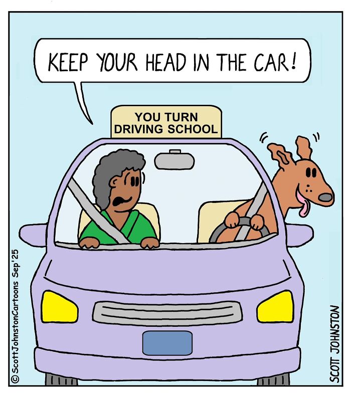 Caricature of a driving school lesson with a dog behind the wheel, humorous Scott Johnston comic style illustration.