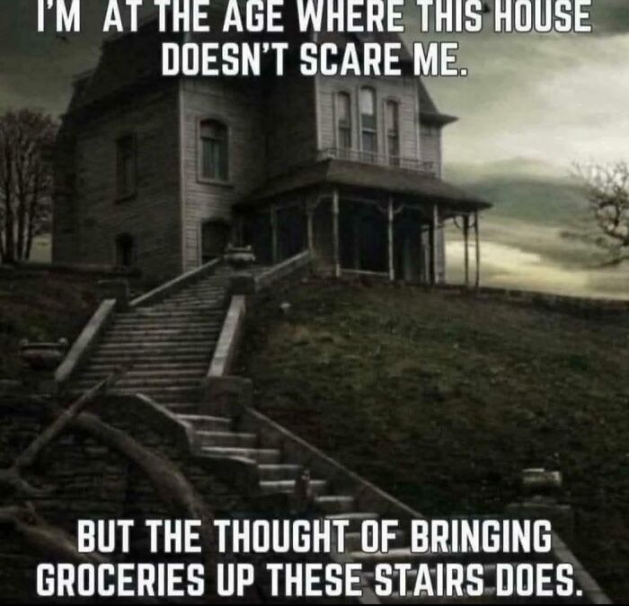 Old house on a hill with stairs, humorous text about feeling old and groceries being a challenge.
