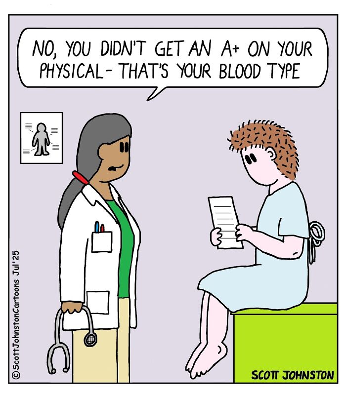 Patient in a hospital gown misunderstands blood type as a grade while doctor explains, humorous comic by Scott Johnston.