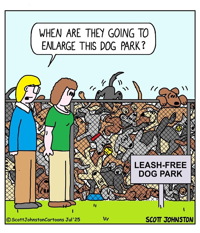 Humorous comic by Scott Johnston showing crowded leash-free dog park with two people asking about park enlargement.