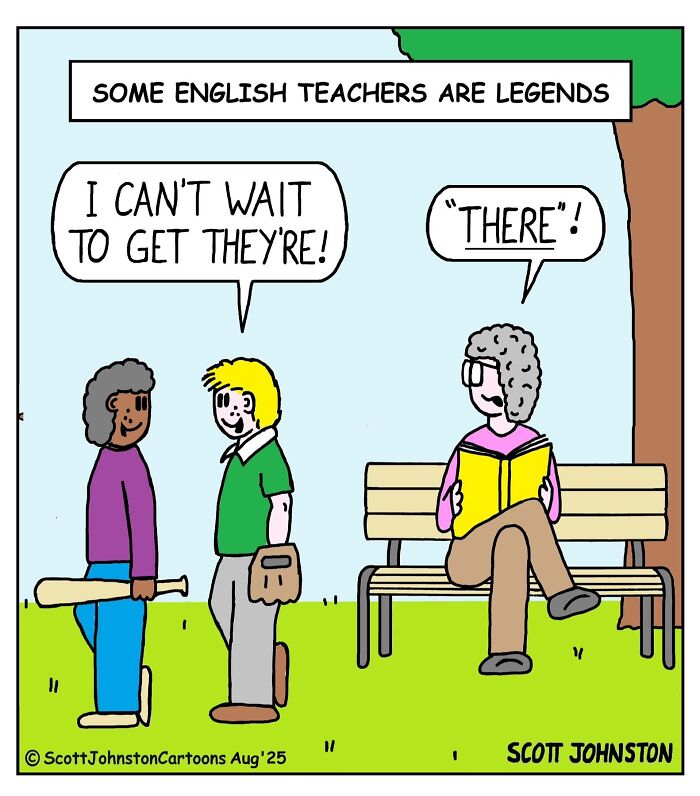 Cartoon showing humorous English teacher correcting grammar mistake with playful comic style by Scott Johnston.