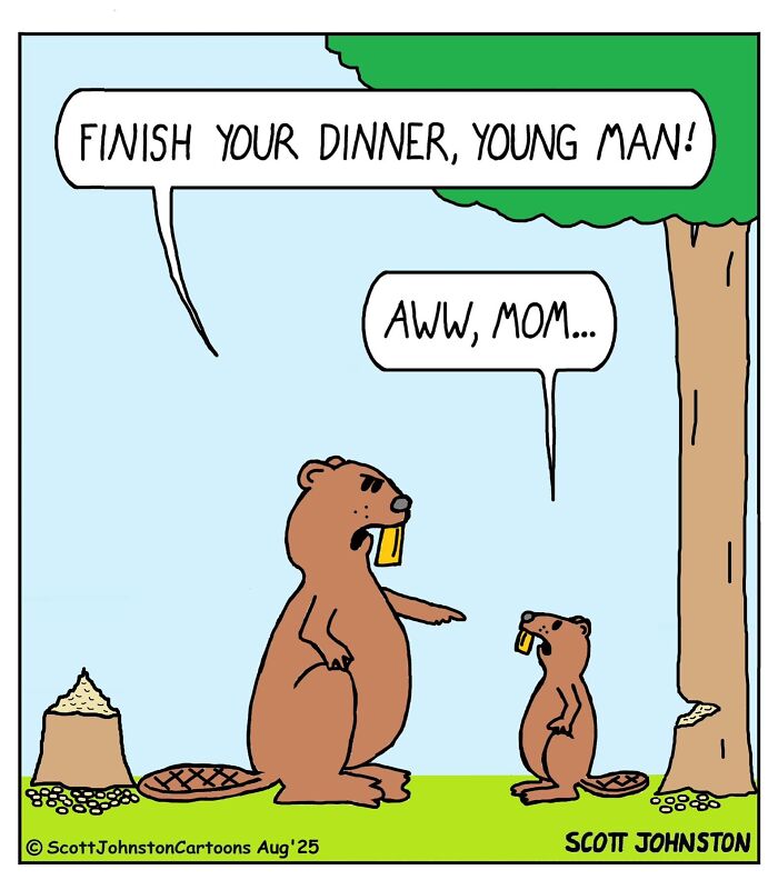 Cartoon beavers in humorous comic style from Scott Johnston’s latest humorous comics collection.