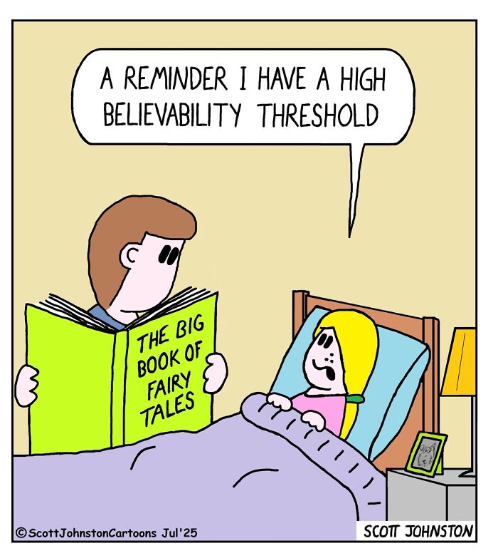 Child in bed listening to a person reading from the big book of fairy tales in Scott Johnston humorous comic.