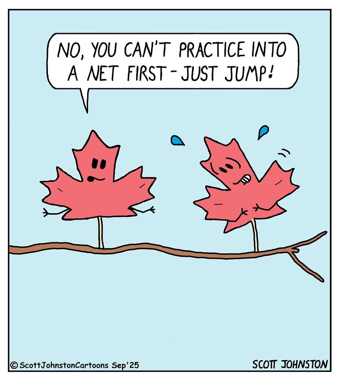 Two animated red maple leaves on a branch in a humorous comic style by Scott Johnston.