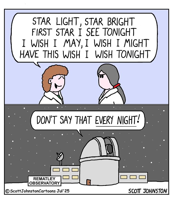 Two scientists at Rematley Observatory with humorous comic dialogue, part of Scott Johnston’s latest humorous comics.