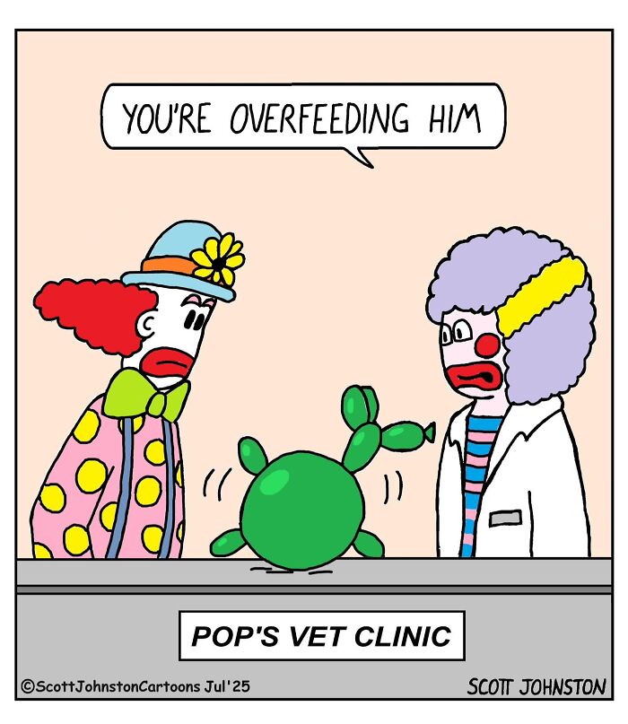 Humorous comic by Scott Johnston showing two clowns at a vet clinic with a balloon dog being overfed.