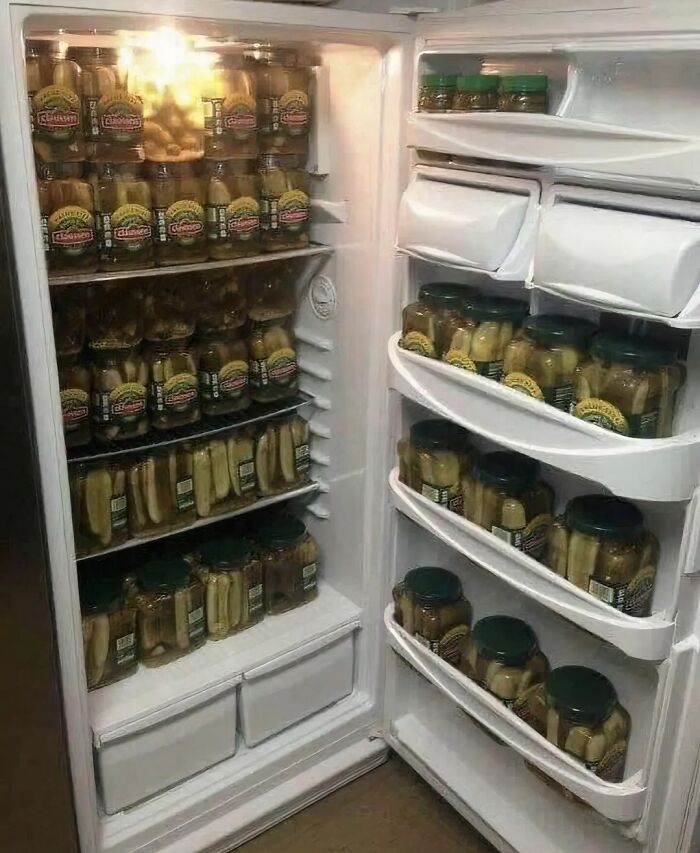Open refrigerator filled entirely with jars of pickles, showcasing a random and cringe humor collection.