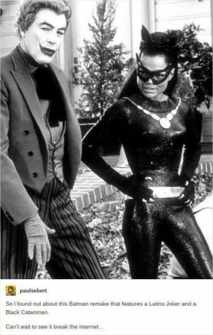 Black and white image of Latino Joker and Black Catwoman from a Batman remake, making viewers feel old with nostalgia.