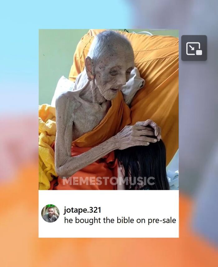 Emaciated elderly monk in orange robe placing hand on child's head, unsettling medical pics